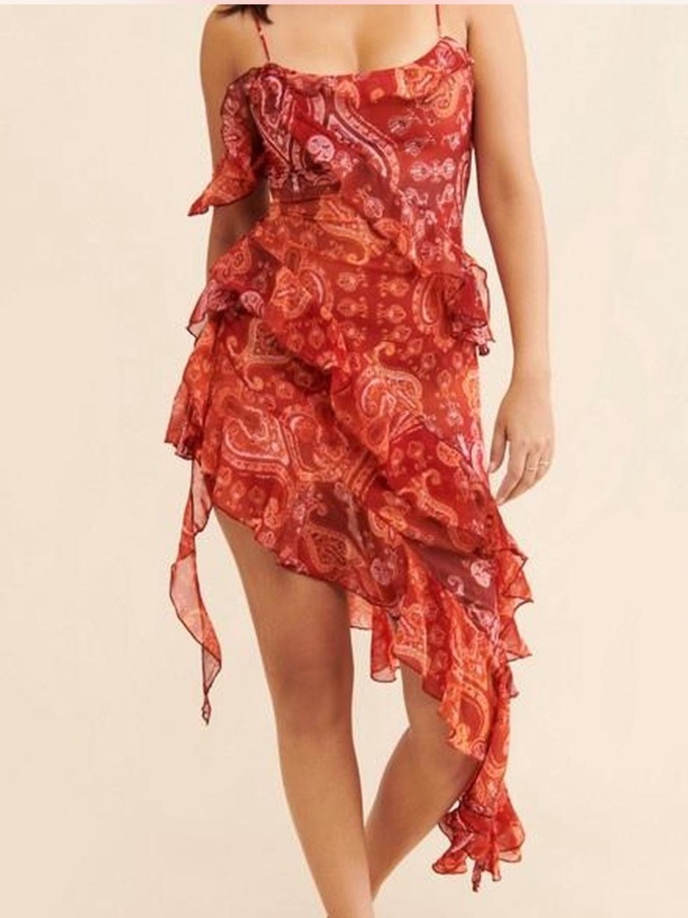 Urban Outfitters Red Paisley Ruffle Asymmetric Slip Dress